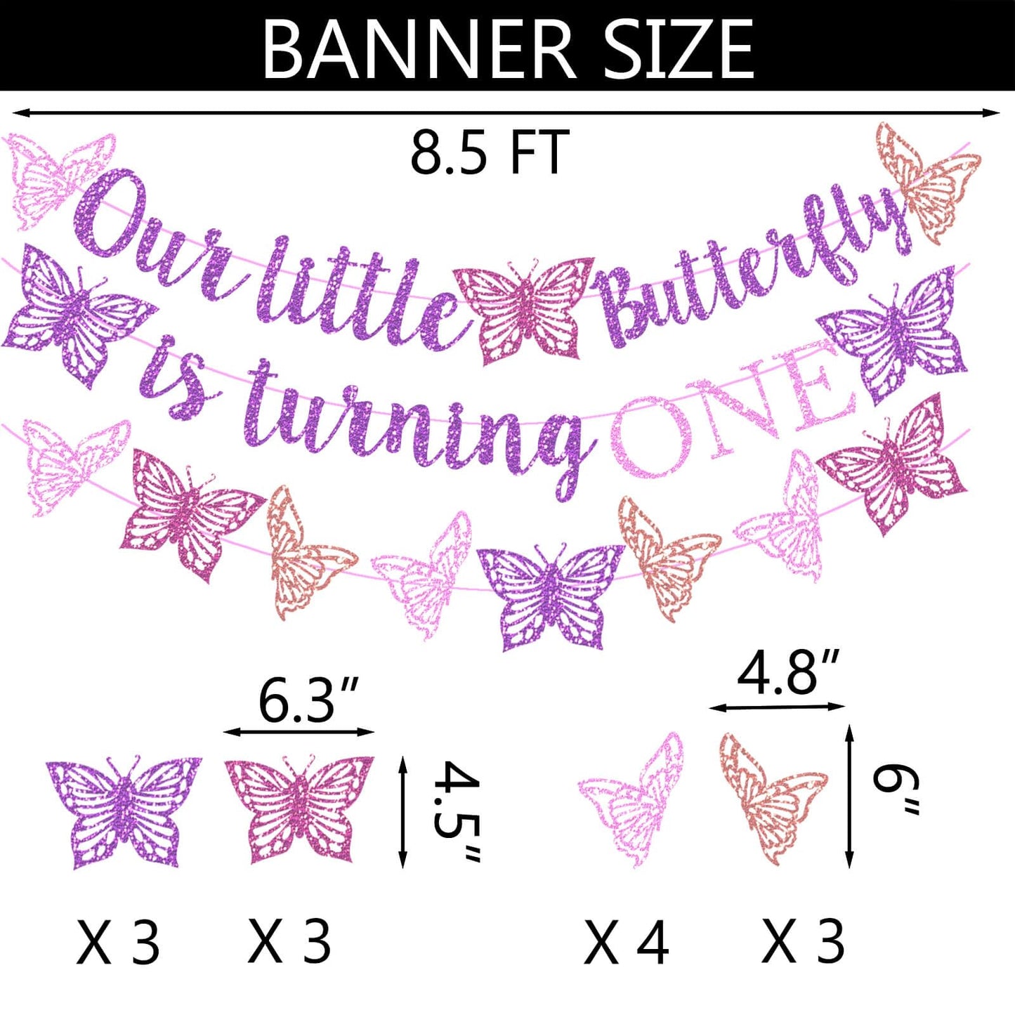Our Little Butterfly is Turning One Banner Purple Glitter Butterfly 1st Birthday Banner for Spring Butterfly Girls One Year Old