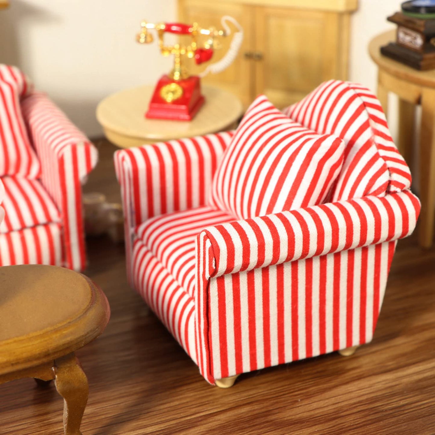 Dollhouse Couch With Pillow 1 12 Scale Miniature Sofa Arm Chair Living Room Furniture Wooden Fabric Frame Single Reading Chair Artificial House Room Scene Decoration (Stripe)