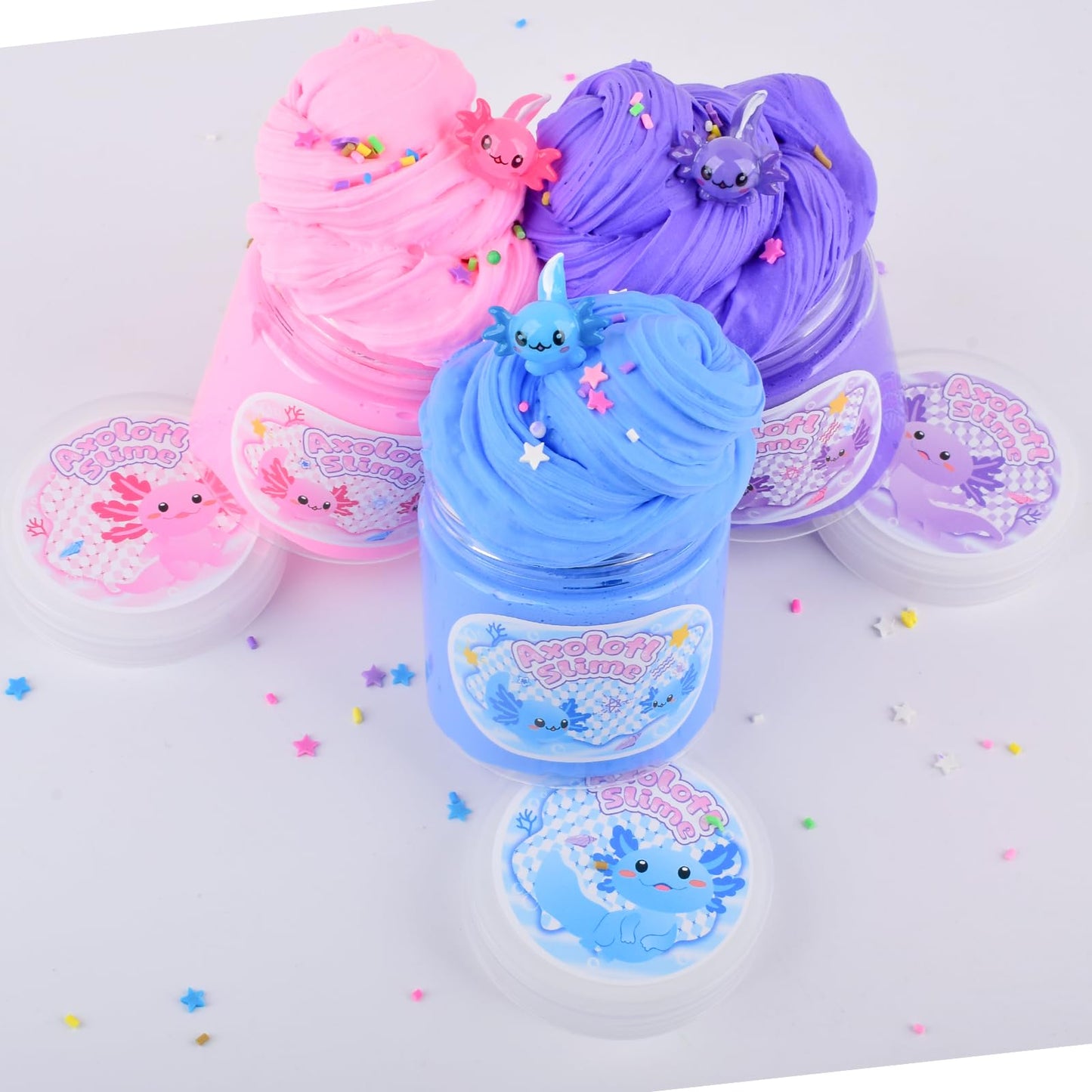3 Pack Axolotl Butter Slime, Slime Kit with Pink, Blue, Purple Axolotl Charms, Soft and Stretchy, Slime Party Favor for Girls &