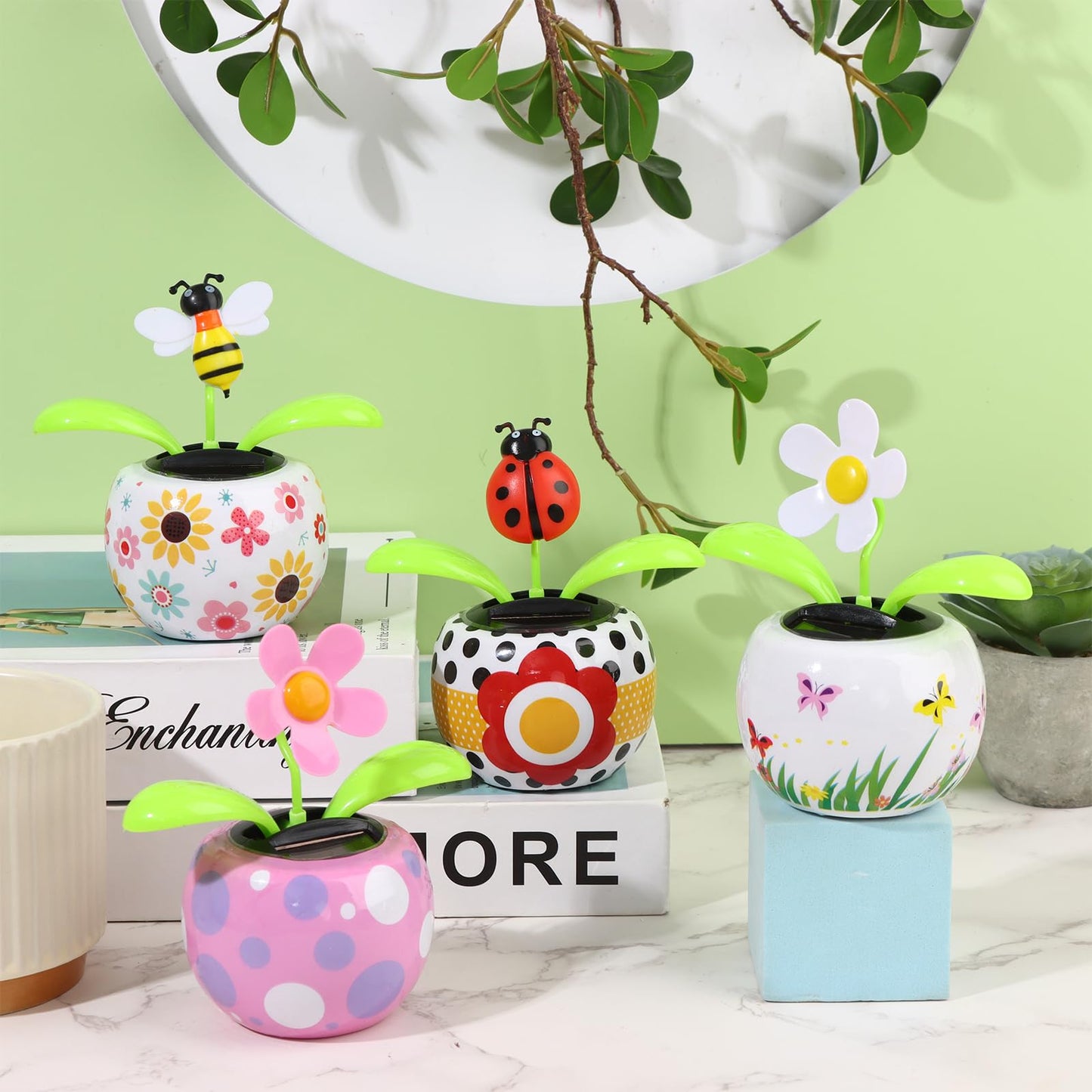 4 Solar Dancing Bee Toy Solar Powered Dancing Sun Flower In Colorful Pots Swinging Ladybug Shape Flip Flap Animated Bobblehead Dancer Window Rose Sun Catcher Car Dashboard Decor