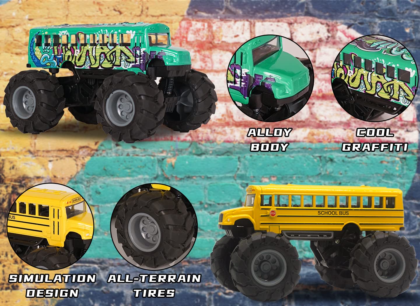 Crelloci School Bus Monster Truck Toy - 2 Pack Set Die Cast Yellow School Bus Toy, Pull Back Car Toys, Big Wheel Monster Truck P
