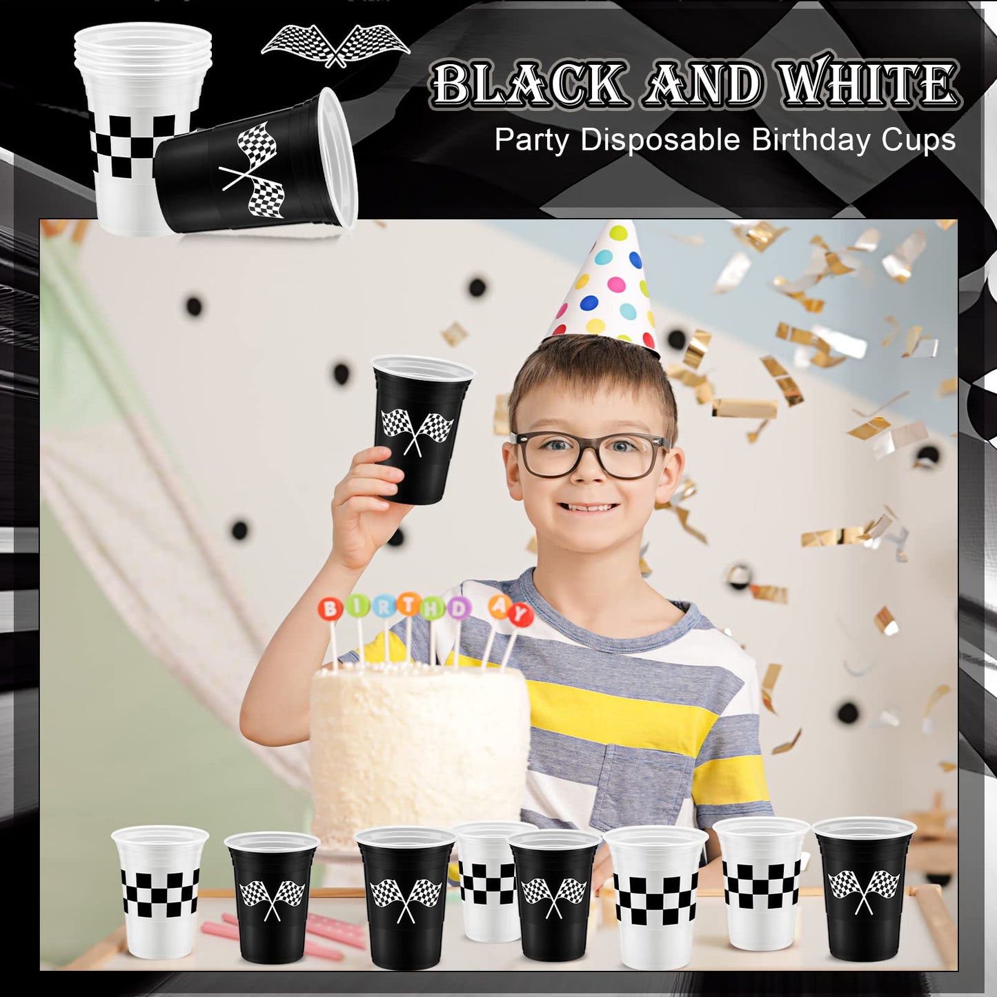 Norme 48 Pcs Checkered Flag Party Supplies Bulk 16 oz Race Car Cups Checkered Flag Thick Plastic Cup for Race Car Birthday Party