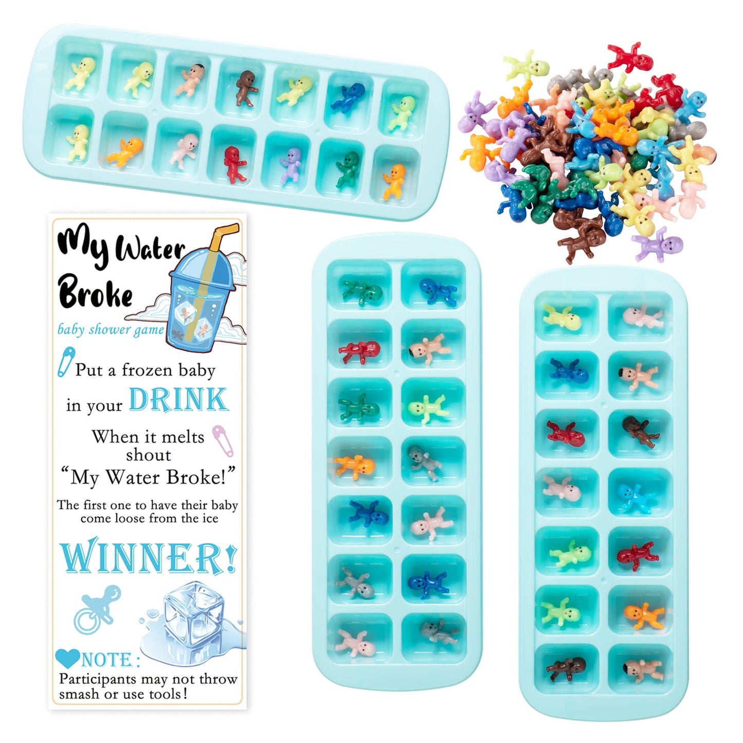 Zyflsq My Water Broke Baby Shower Game 60 Multicolor Mini Plastic Babies, 3 Ice Cube Trays, 1 Sign