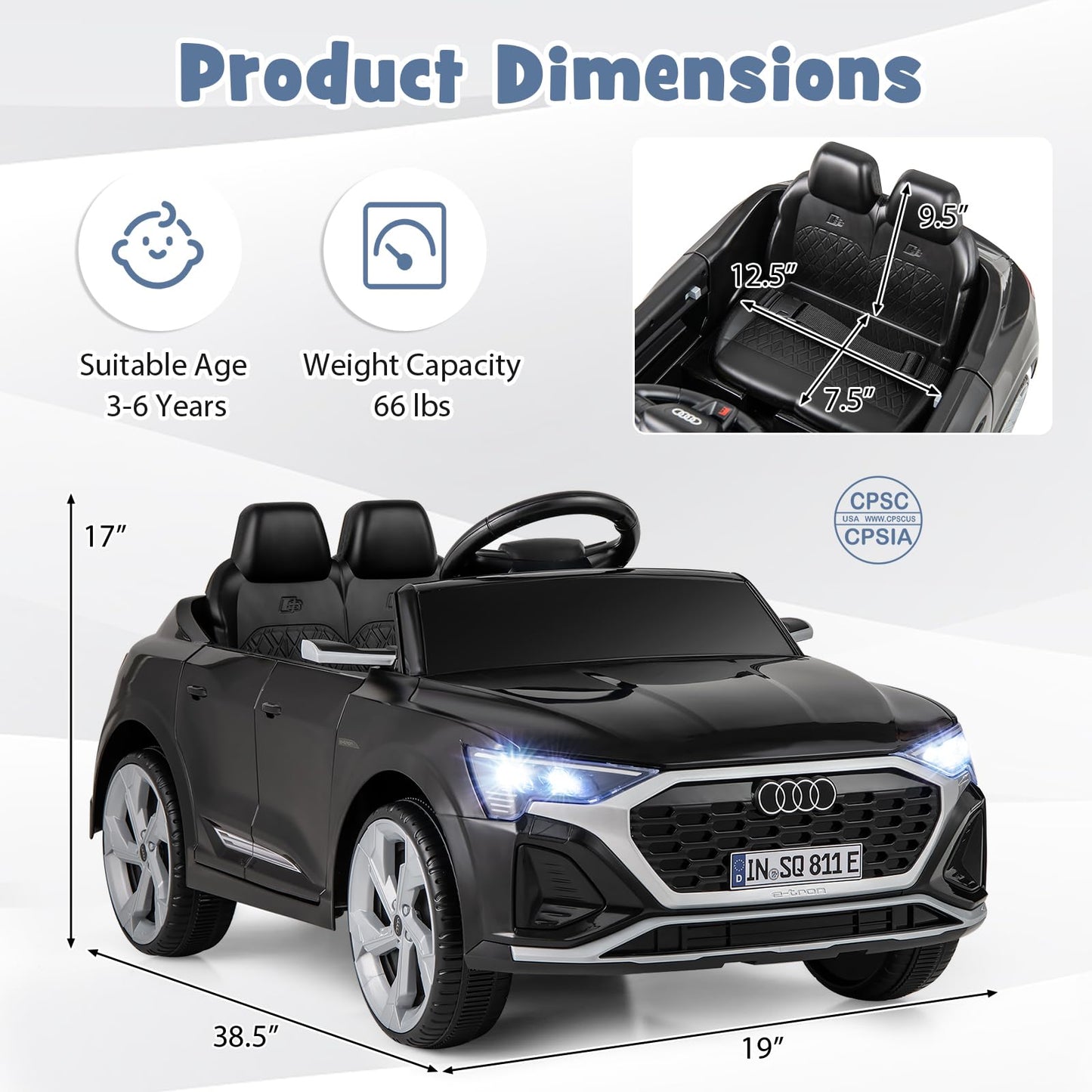 Costzon 12V Kids Ride On Car Licensed Audi Sq8, Remote Control Ride On Toy, Battery Powered Electric Vehicle With Spring Suspension, Music & 3 Speeds, Horn, Led Lights, Gift For Boys Girls 3+ (Black)