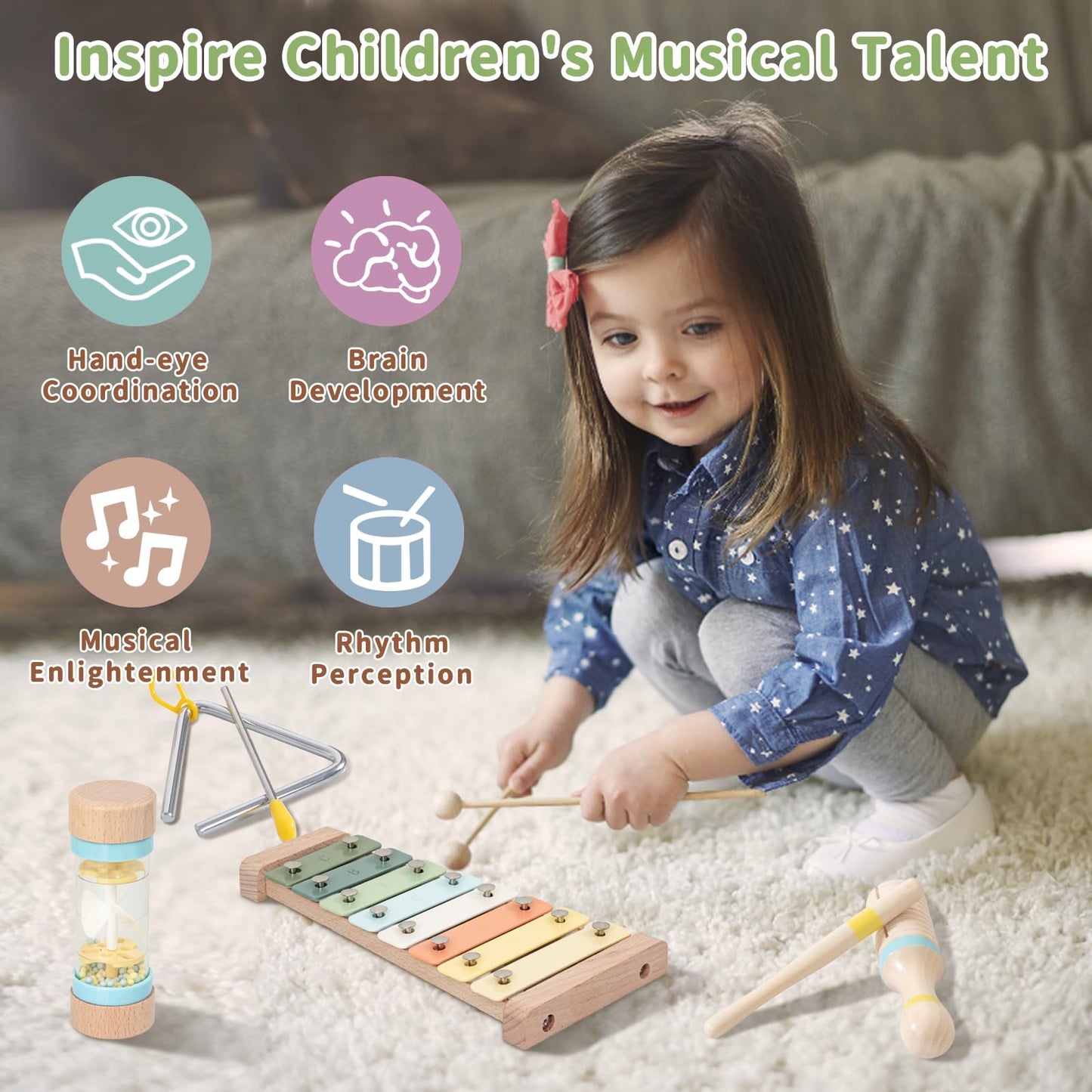 Toddler Musical Instruments Set - Wooden Musical Toys For Toddlers 1-3 Years Old, Percussion Montessori Toys For 1 2 3 Year Old,