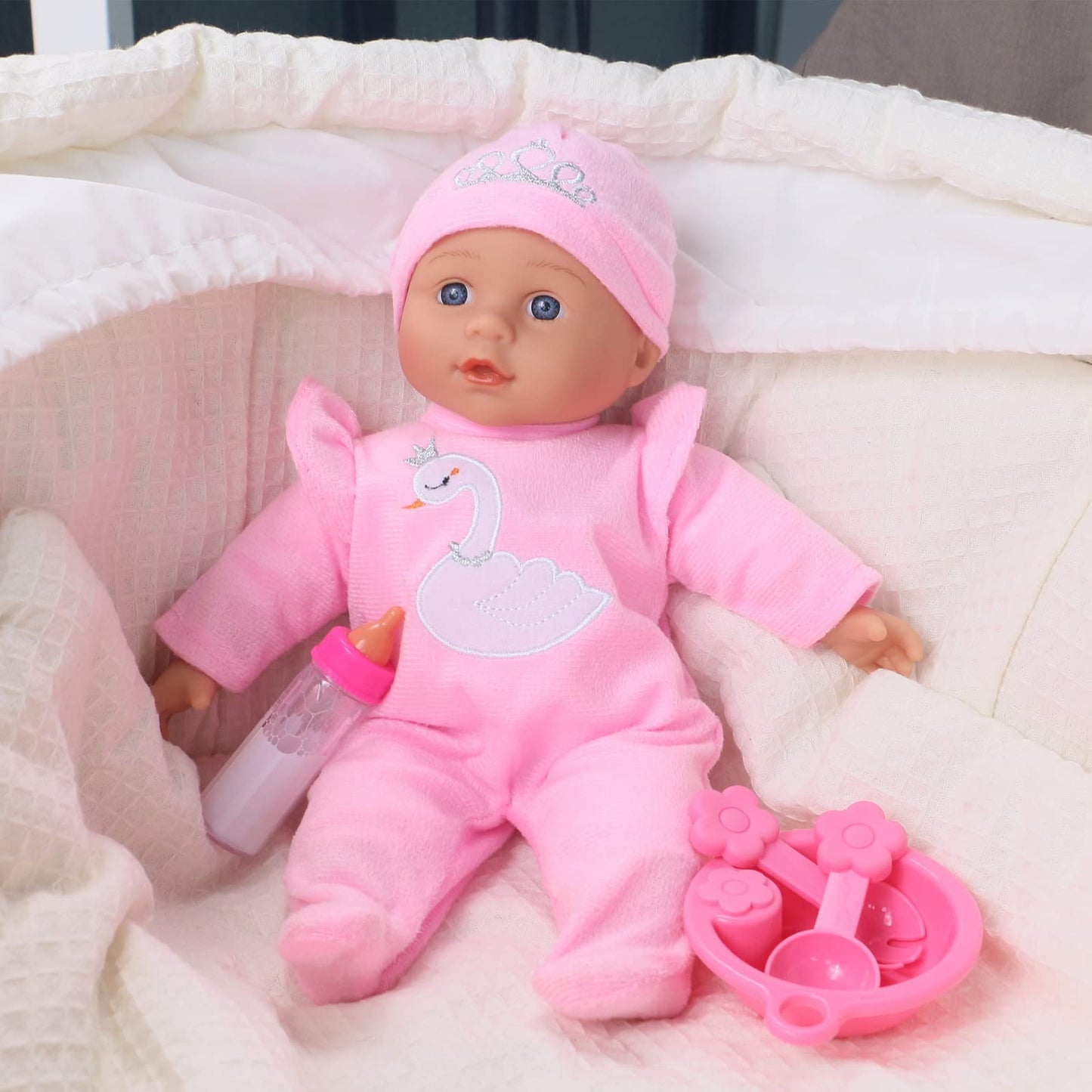 Haveahug 13'' Soft Baby Doll With Take Along Pink Doll Backpack Carrier, 6 Piece Play Set With Bottle & Accessories(Pink)