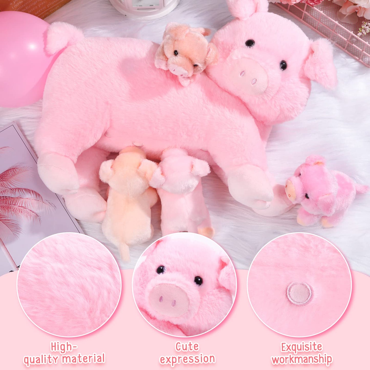 Honoson Pink Pig Stuffed Animal with 4 Magnetic Baby Pigs - Cuddly Plush Mommy Toy for Kids, Birthday Gifts & Baby Shower Decor