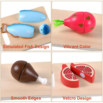 WHOHOLL Wooden Play Food Toys for Kids Kitchen Playset, Play Kitchen Accessories with Apron Pretend Cutting Food Montessori Toys