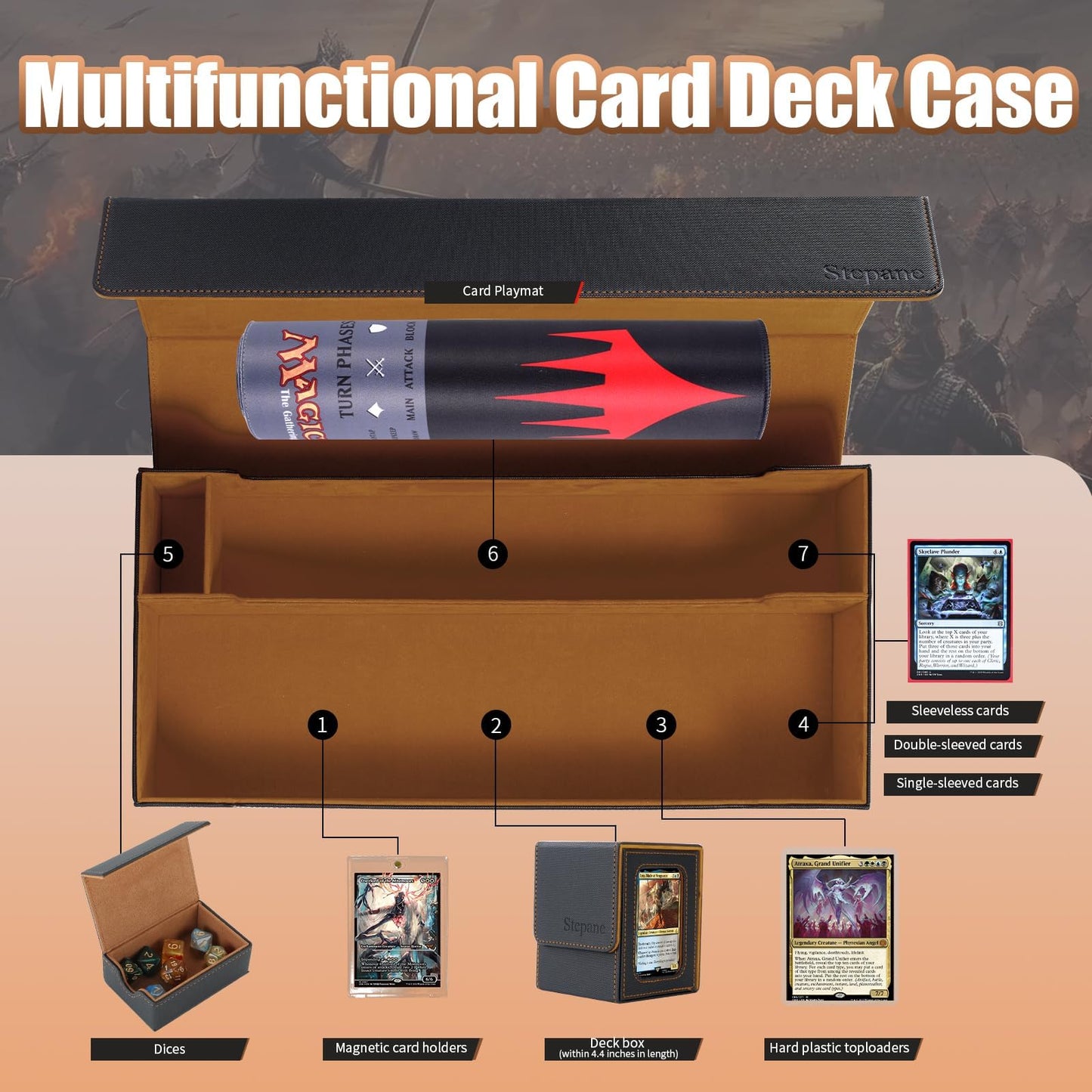 2200+ Mtg Deck Box Leather Magnetic Closure Commander Organiser, Holds 5 Small Deck Boxes, Includes 1 Small Deck Box, 8 Dividers