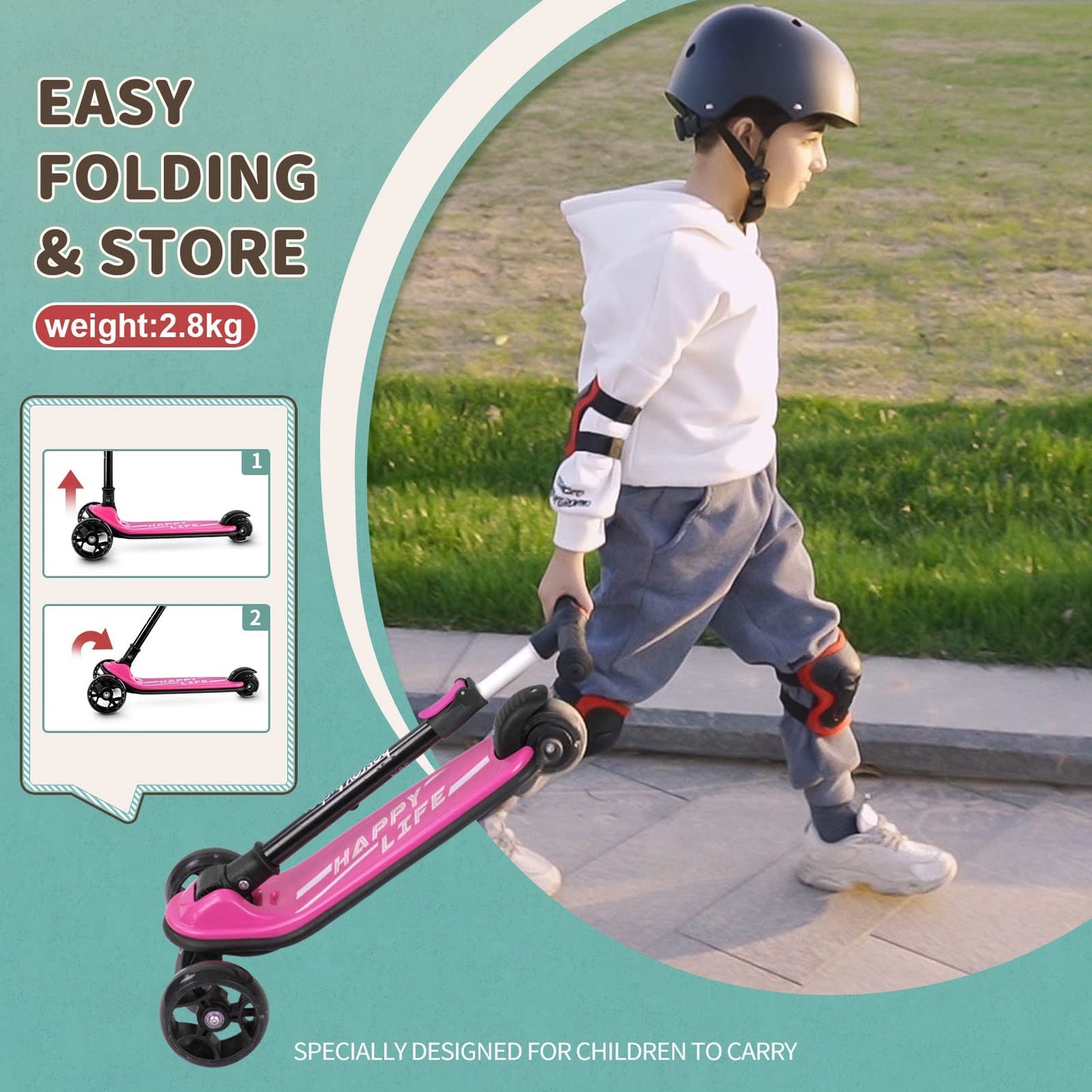 Besrey Kick Scooter For Kids Ages 3-8, 3 Wheel Scooter For Kids With Adjustable Height, Folding Kids Scooter With Led Light Whee