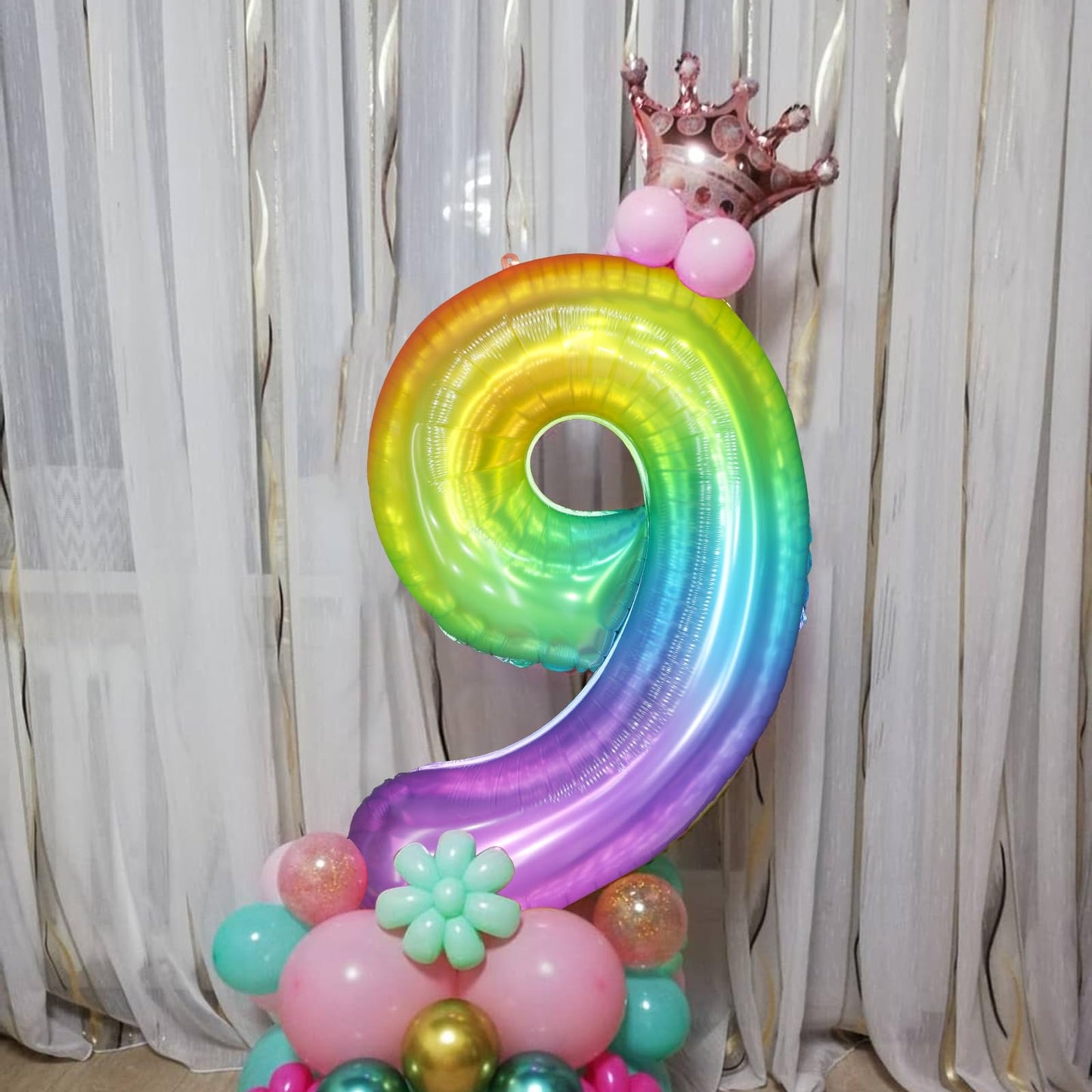 Paticool 40 Inch Rainbow Number Balloon 9, Large Number Foil Balloons Mylar For Girl Boy Birthday Party Celebration Decorations