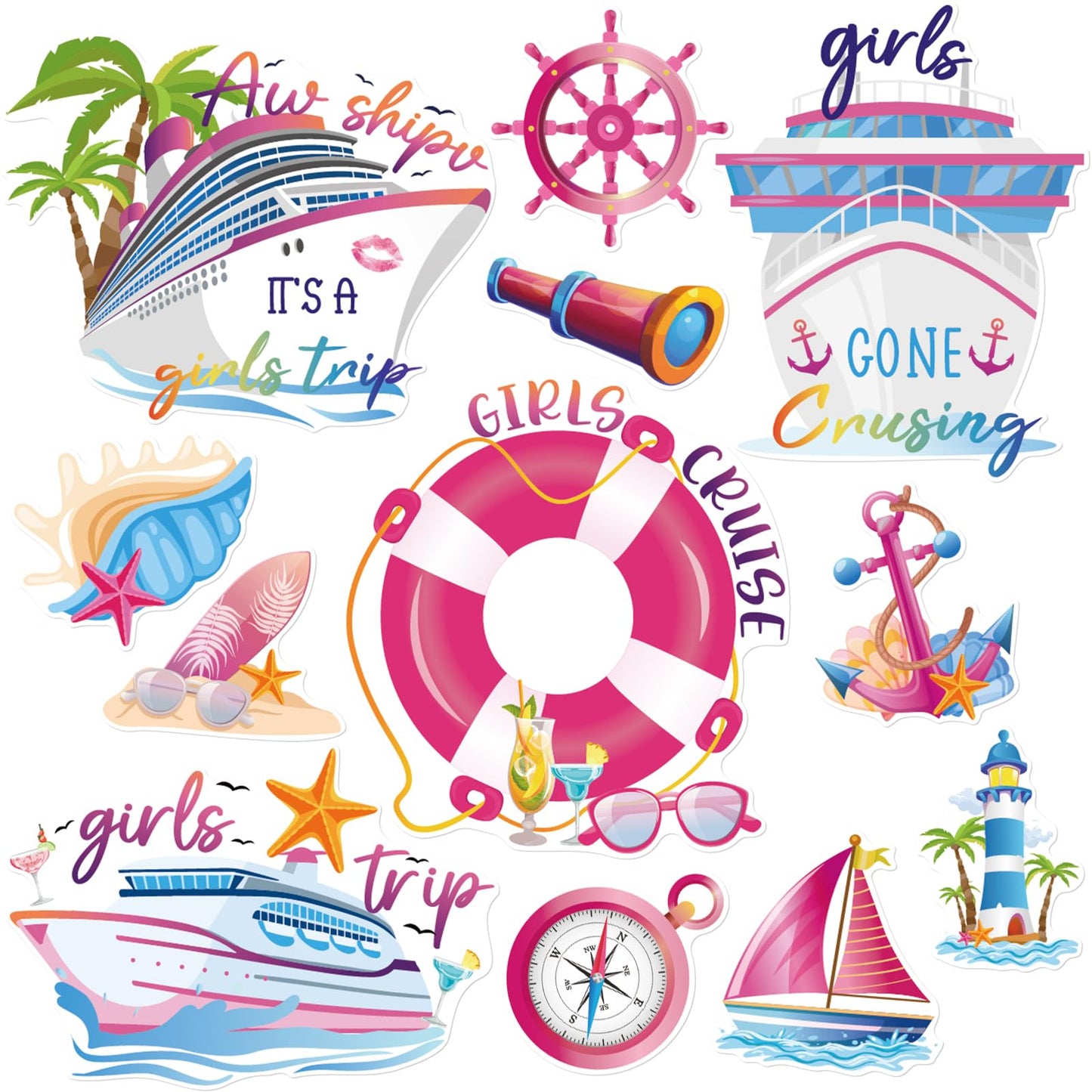 Dazoratix Girls Trip Cruise Decorations - 12 Pcs Ship Cabin Door Magnets Stateroom Accessories Anchor Palm Magnetic Stickers For