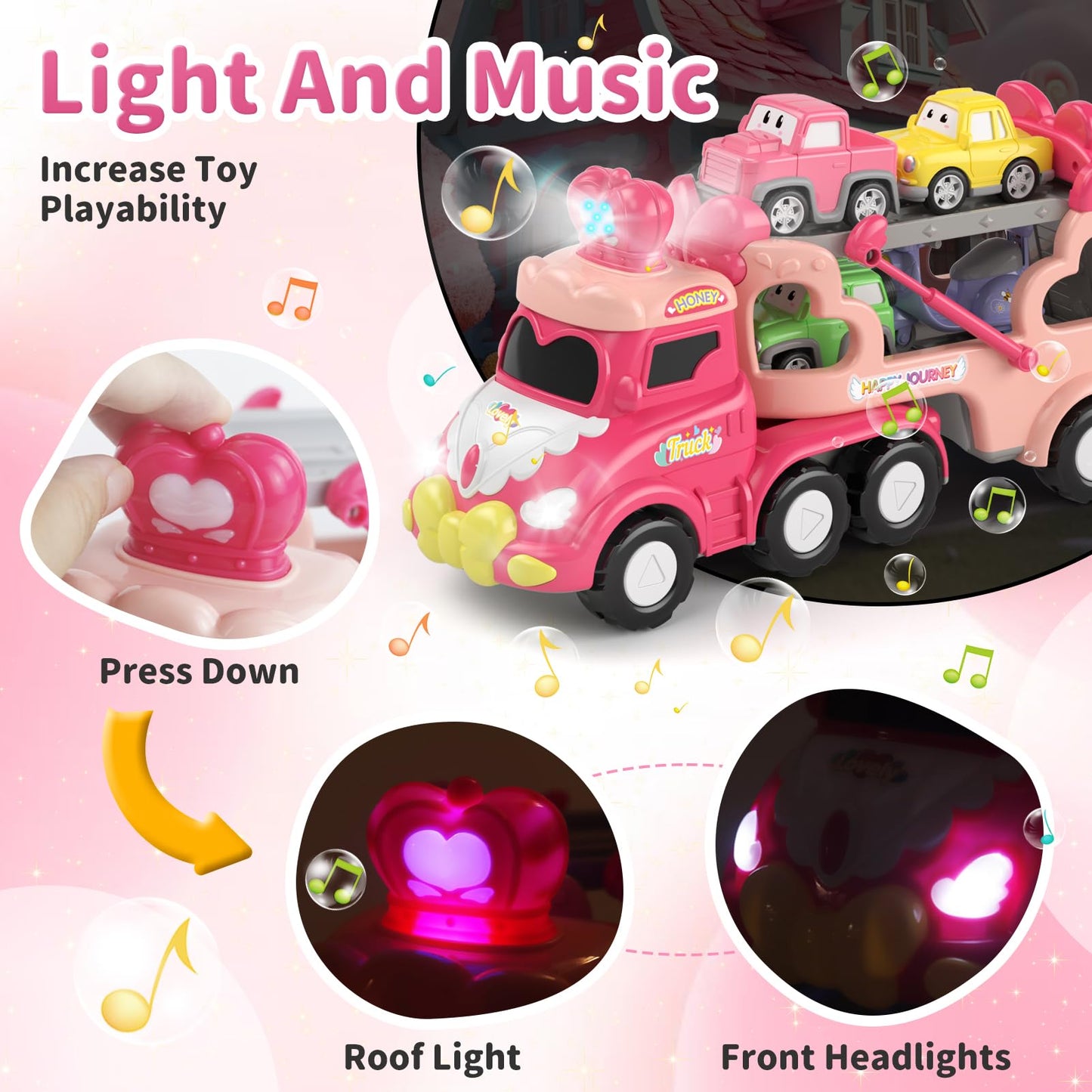 usrela Toys for 1 2 3 Year Old Girl Truck, 7-in-1 Toddler Girl Carrier Truck with Light & Music, Toddler Girl Toys Age 1-3 2-4,