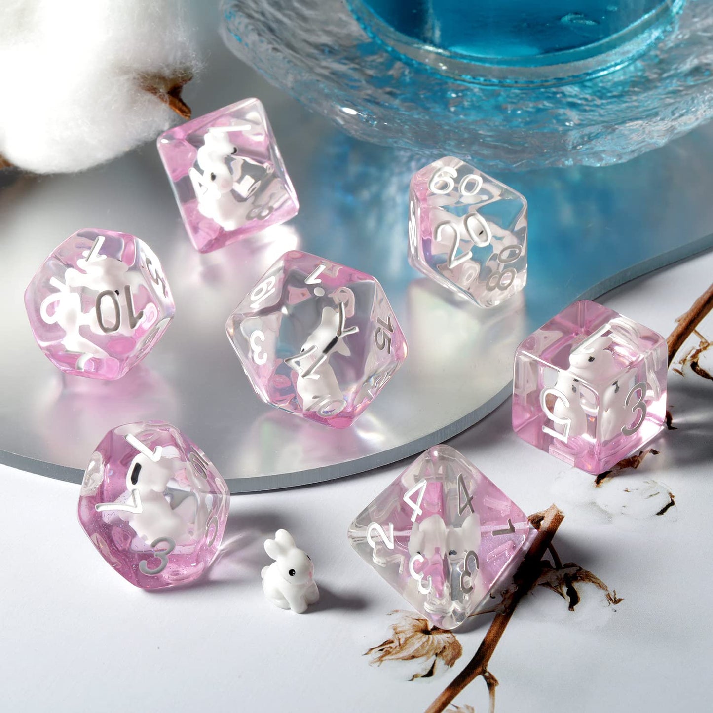 Rabbit dice set DND, DNDND 7PCS Resin Polyhedral dice set with Velvet Pouch for D&D Dungeons and Dragons Role Playing Games and