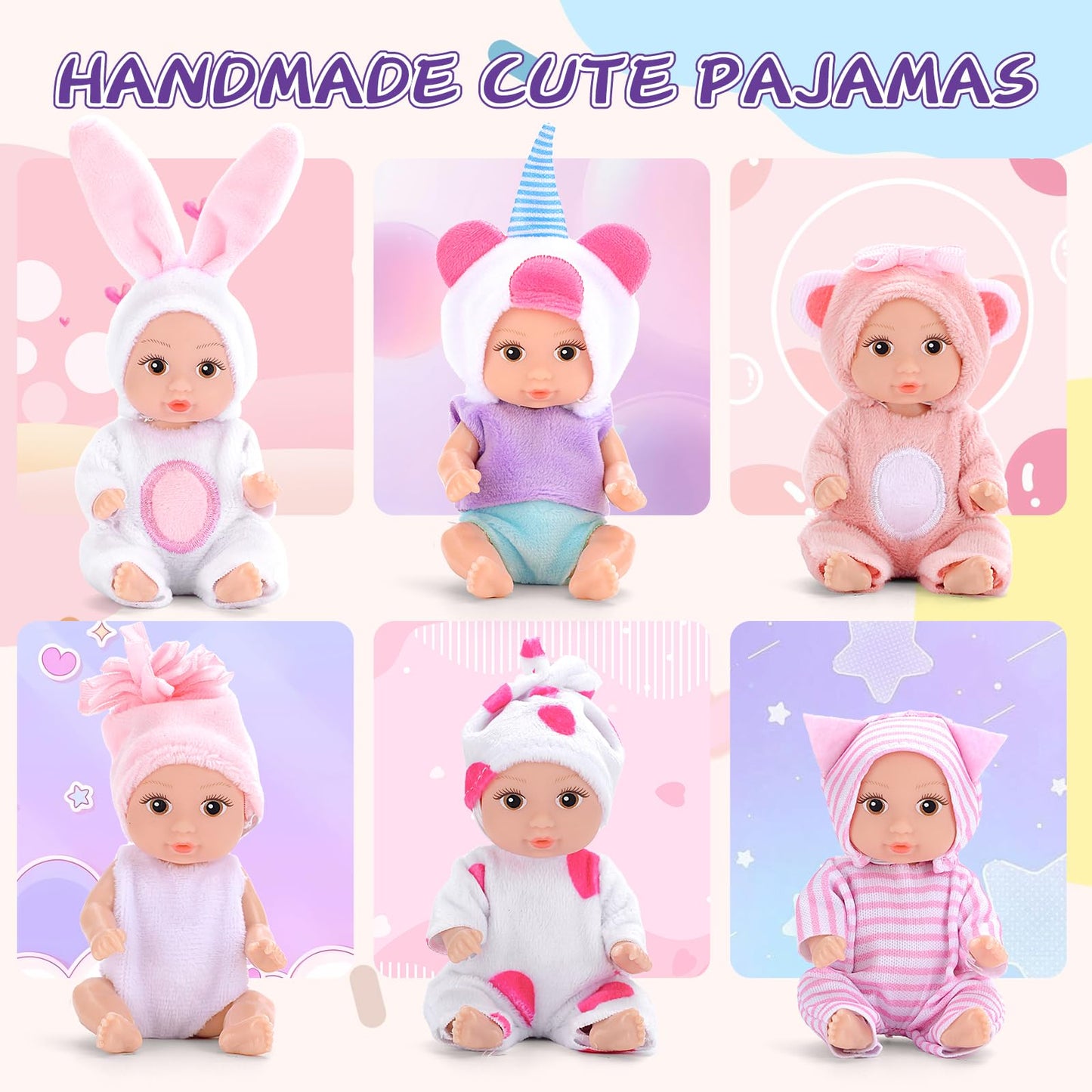 Mxsyshyj 6Pcs 4 Inch Realistic Open-Eye Baby Doll Playset - Mini Reborn Baby Dolls With Handmade Pink Clothes, Christmas Easter