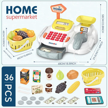 Sotodik Cash Register Toys Set 36PCS with Sounds, Scanner, Calculator & Play Food - Yellow Supermarket Learning for Kids