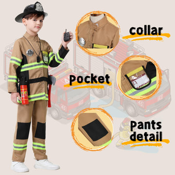 yolsun Kid's Fireman Costume, Boy Firefighter Dress up, Fire Fighter with Toy Accessories Halloween Role Play (11 pcs, 6-7 Years