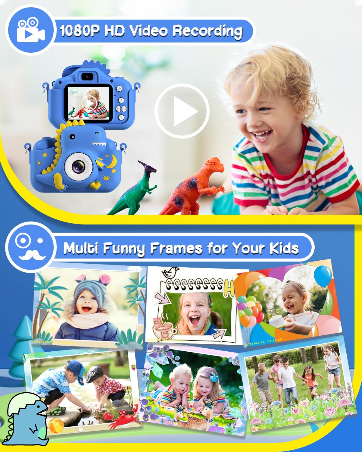 Greenkinder Kids Camera, Dinosaur Toddler Digital Camera For Boys Girls, Christmas Birthday Gifts, Selfie 1080P Camera For 3 4 5 6 7 8 9 Years Old Toys Dark Blue