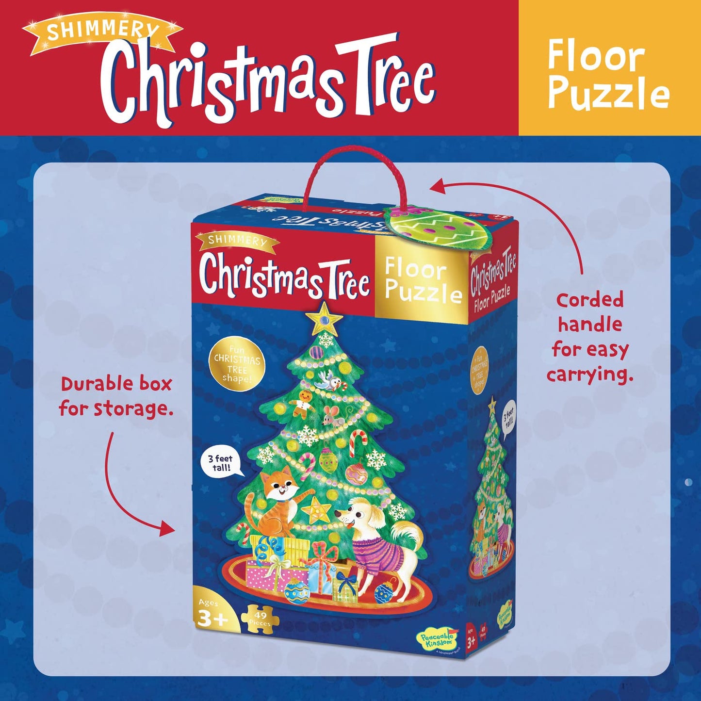 Peaceable Kingdom Shimmery Christmas Tree Floor Puzzle – Giant Floor Puzzle For Kids Ages 3 & Up – Fun-Shaped Puzzle Pieces – Great For Classrooms