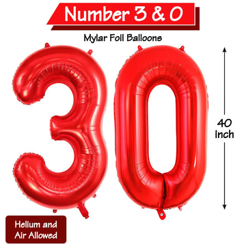 40 Inch Red 30 Number Balloons, Jumbo Foil Balloons For 30Th Birthday Party Decorations Supplies / 30Th Anniversary Event