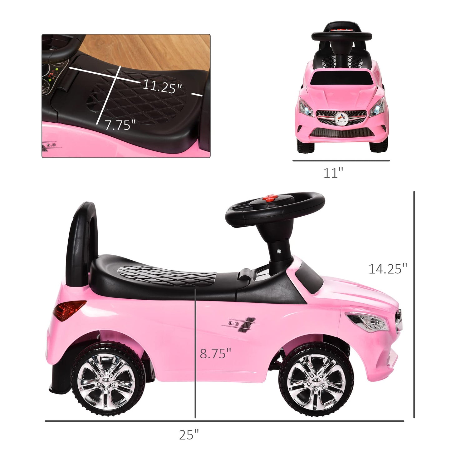 Aosom Kids Ride On Push Car, Foot-To-Floor Walking Sliding Toy Car For Toddler With Working Horn, Music, Headlights And Storage, Pink