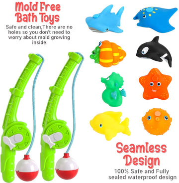 Liberty Imports Magnetic Toddler Bath Toys Set - 2 Fishing Poles, 8 Rubber Sea Animals & Net - Fun Water Play for Kids - Multicolored