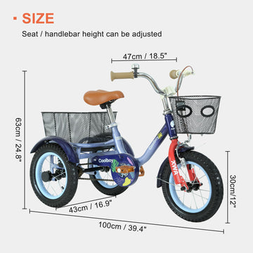 12 inch Trike,Kids Tricycle,Kids Trike,for Ages 3+ Beginner Riders, with Front Rear Basket and Passenger Seat, for Shopping Picn