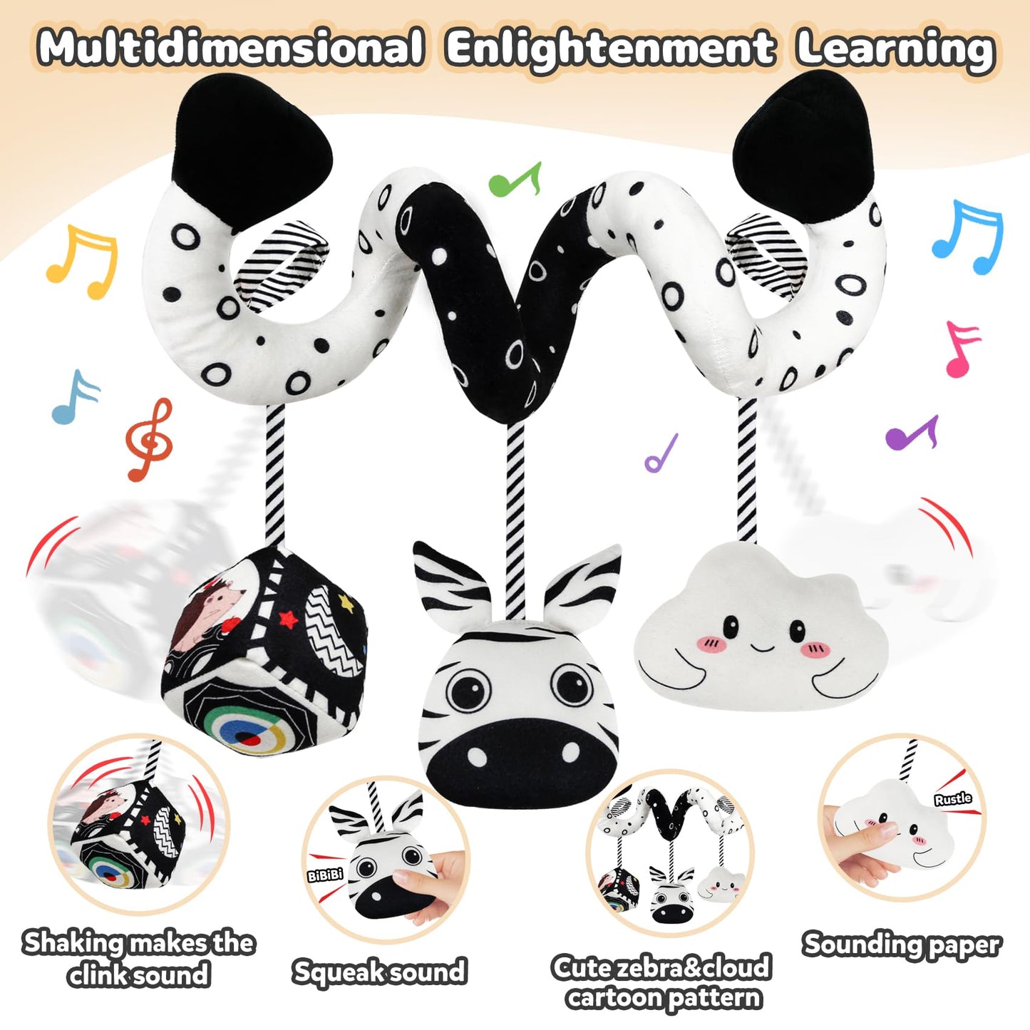 Car Seat Toys For Babies 0-6 Months,Hanging Rattle Toys For Crib Mobile, Baby Spiral Hanging Stroller Black And White High Contrast Baby Toys For Newborn 0 3 6 9 12 Months Baby Boys Girls (Zebra)