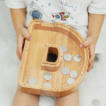Piggy Bank For Kids Boys Girls, Large Personalized Wooden Letter Piggy Bank With Cut-Out Design, Alphabet Letter Coin Banks, Money Savings Box, Wooden Bank For Kids Creative Gift For Real-Money(D)