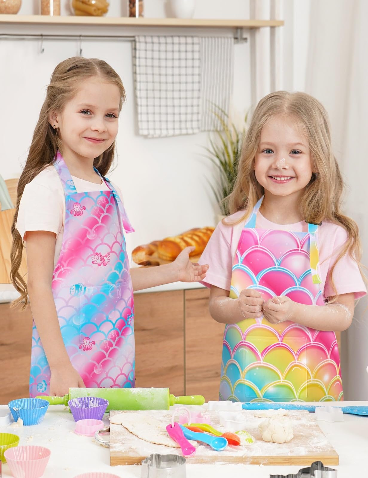 Wernnsai 2 Pack Mermaid Toddler Aprons - Rainbow Kids Art Aprons For Girls Toddler Paint Art Smock Waterproof Cooking Baking Painting Gardening Artist Chef Apron For Kids Age 6-10 Years