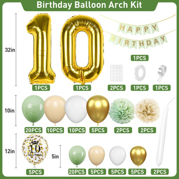 10Th Birthday Decorations Sage Green,10Th Birthday Balloon Garland Party Decorations With Number 10 Foil Balloons,Happy Birthday