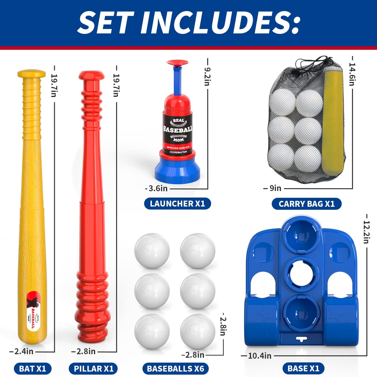 Bennol T Ball Set Toys For Kids 3-5 5-8, Kids Baseball Tee For Boys Toddlers Includes 6 Balls, Auto Ball Launcher, Outdoor Outside Sports T Ball Set Toys Gifts For 3 4 5 6 Year Old Boys Kids Toddlers