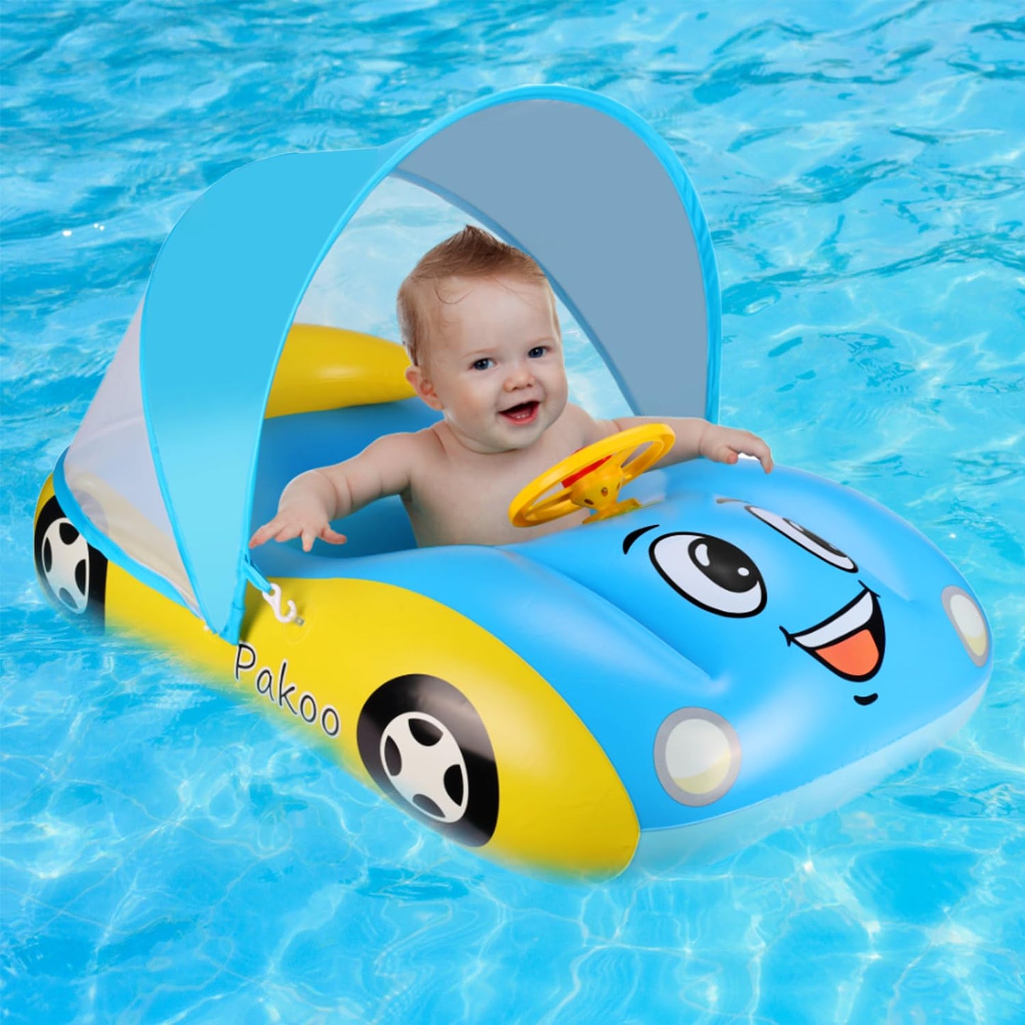 Baby Pool Float With Upf50+ Adjustable Canopy, Inflatable Baby Car Pool Float Boat Baby Swim Float Toddler Pool Float Kids Baby Float Toddler Floaties Infant Pool Float Toys For Baby 18-36 Months