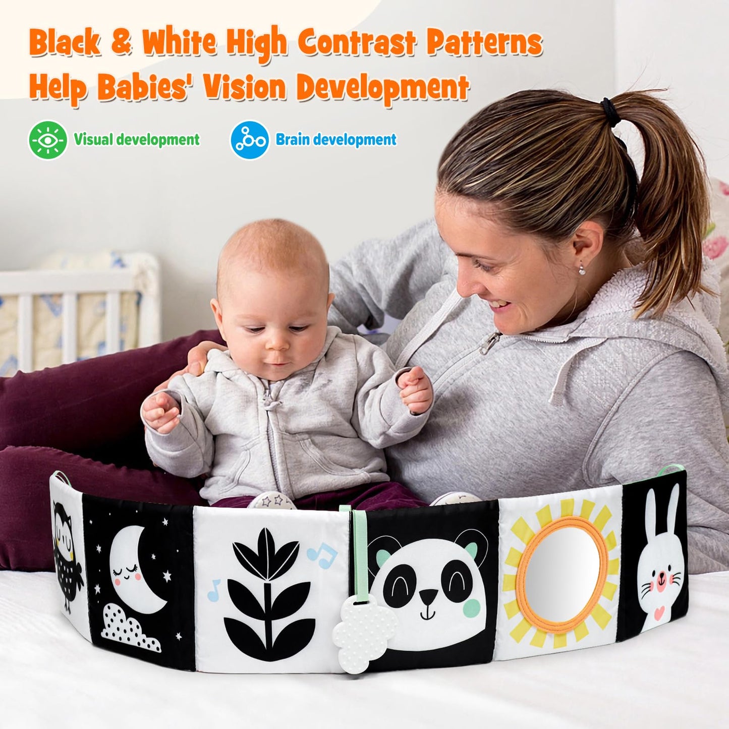 Okooko Black And White Baby Book - High Contrast Baby Toy For 0-6 Months - Soft Book For Tummy Time, Crib, Stroller - Montessori Sensory Toy For Early Education
