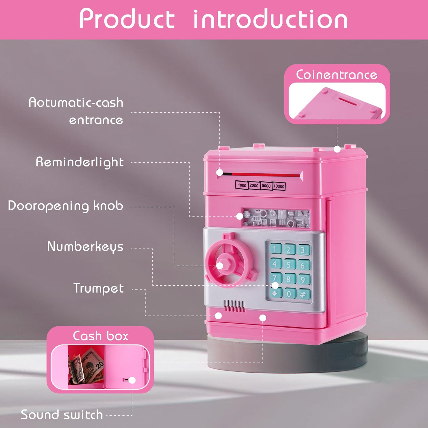 Evthsu Pink Electronic Atm Safe Piggy Bank For Kids - Real Money Savings Coin Bank With Code Lock & Password, Gift Money Box For