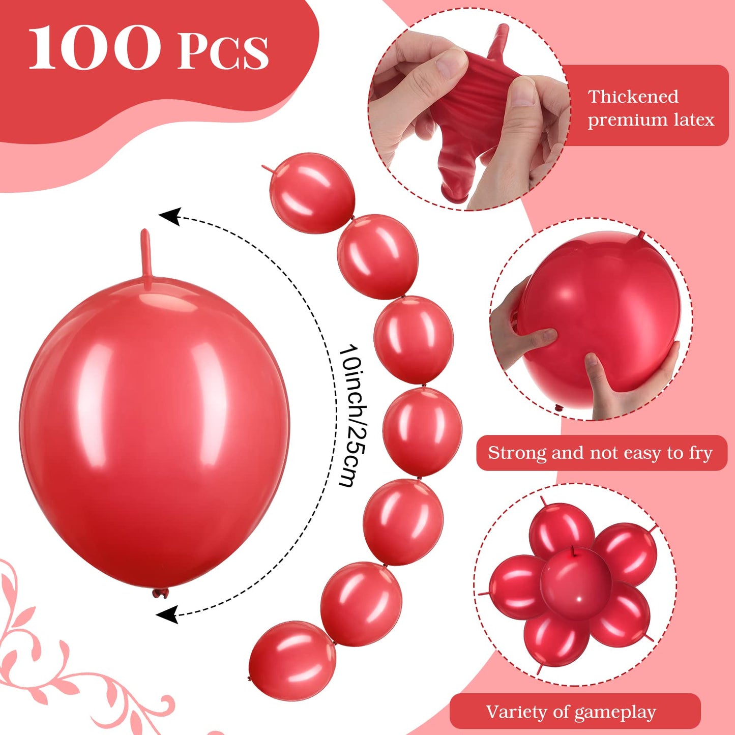 Meanplan 100 Pcs Link Balloon 10 Inch Linking Balloon Latex Linkable Balloons Connected Wedding Party Decoration (Red)