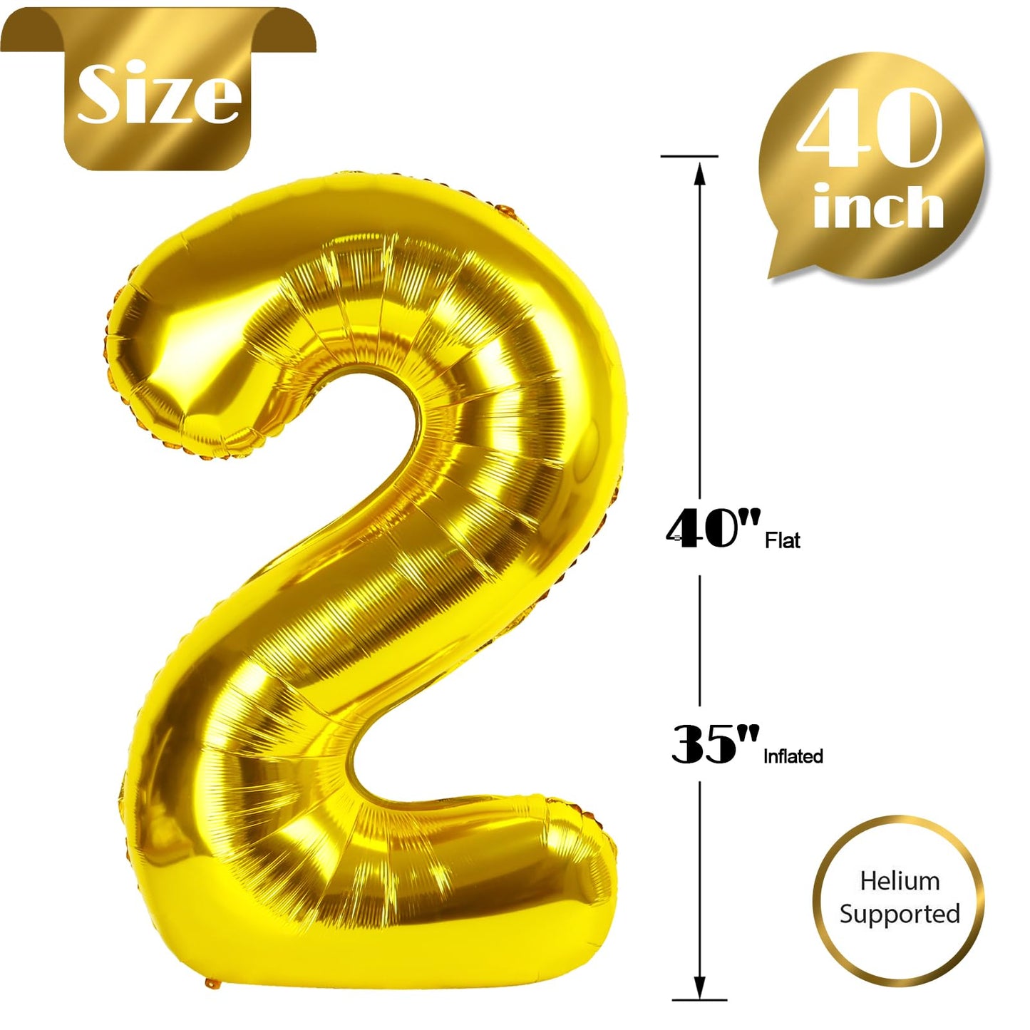 Gold Number 2 Balloon 40 Inch, 2 Balloon Number, 2Nd Birthday Decorations For Baby Girls Boys Toddlers