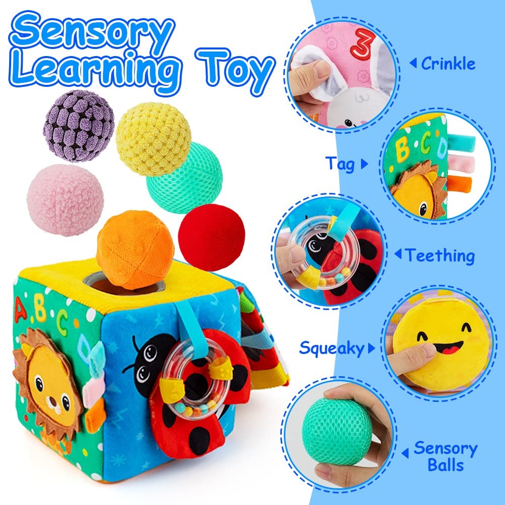 Beetoy Sensory Busy Cube For Baby, Montessori Infant Toys With Textured Sensory Balls, Early Learning Travel Toys For Fine Motor