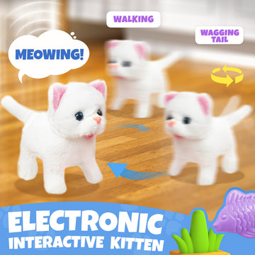 Smilesskiddo Meow Kitty Toys For Girls - Electronic Walking Cat With Animated Walking Wag Tail, Storage Cage And Accessories, In