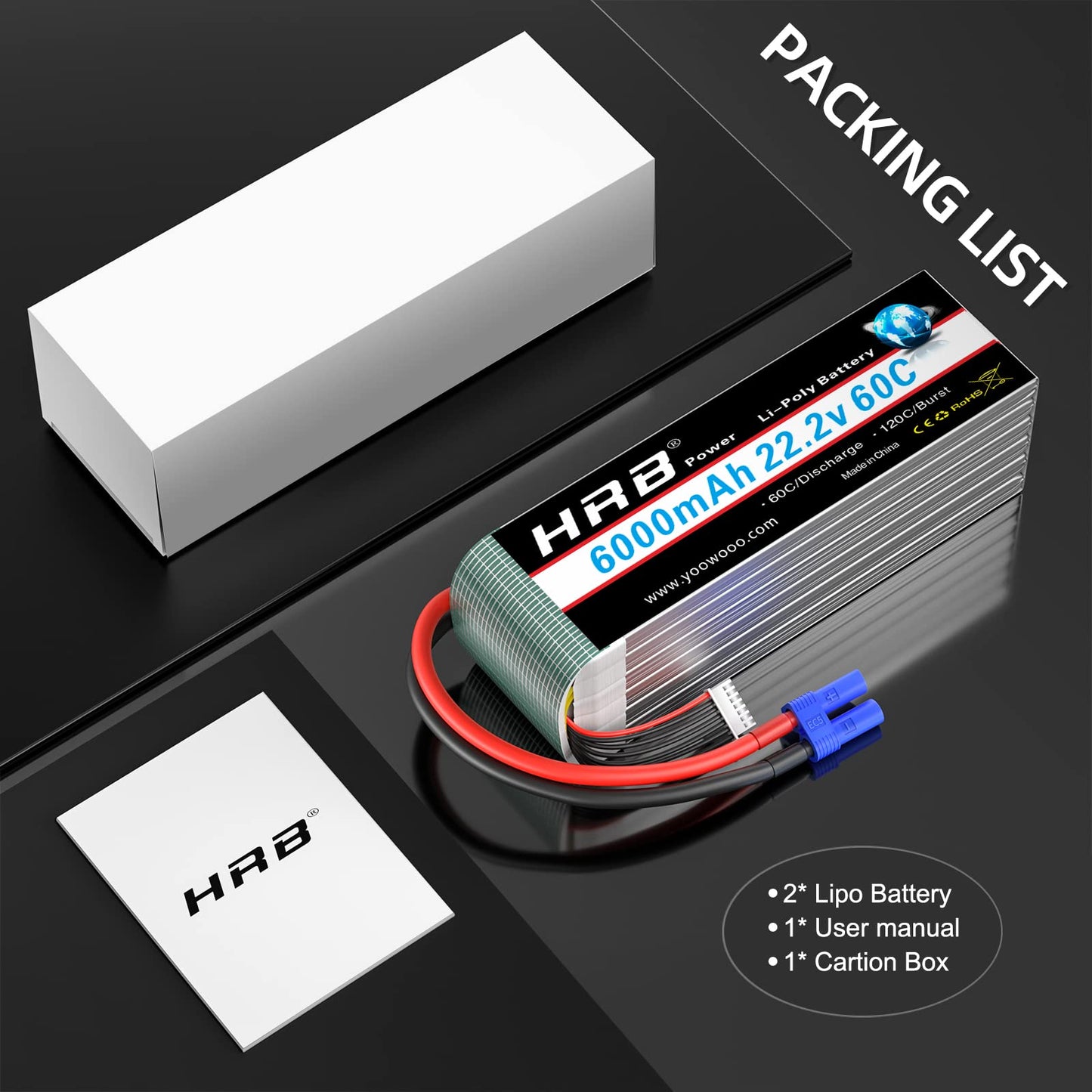 HRB 6S 6000mAh Lipo Battery EC5 60C 22.2V RC Lipo Battery Compatible with RC Helicopter Airplane Car Boat Truck (2packs)