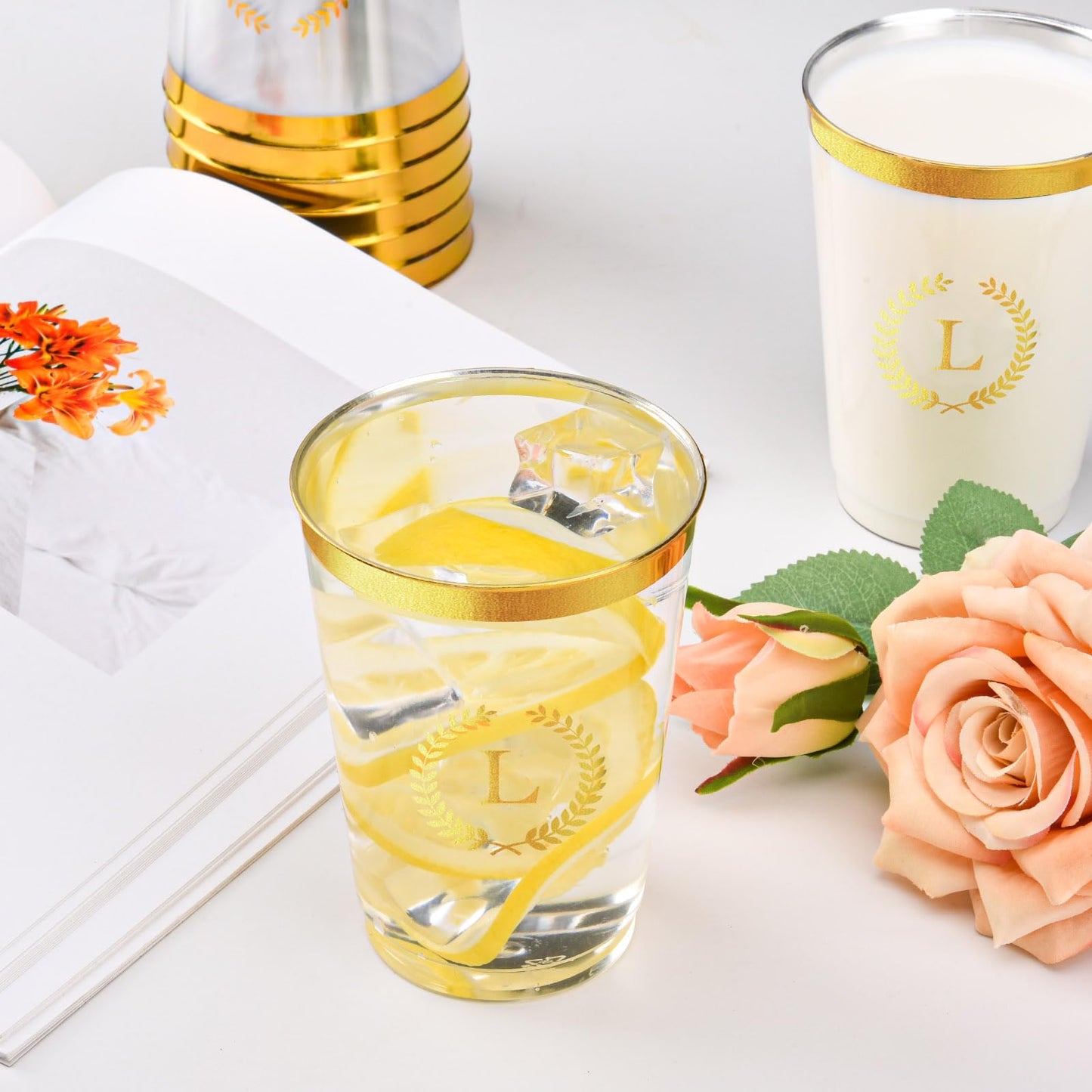Datyiiha 100 Pieces Monogrammed Plastic Cups Gold Foil Letter L Disposable Cups 12 Oz Clear Initial Party Cups For Wedding Birth