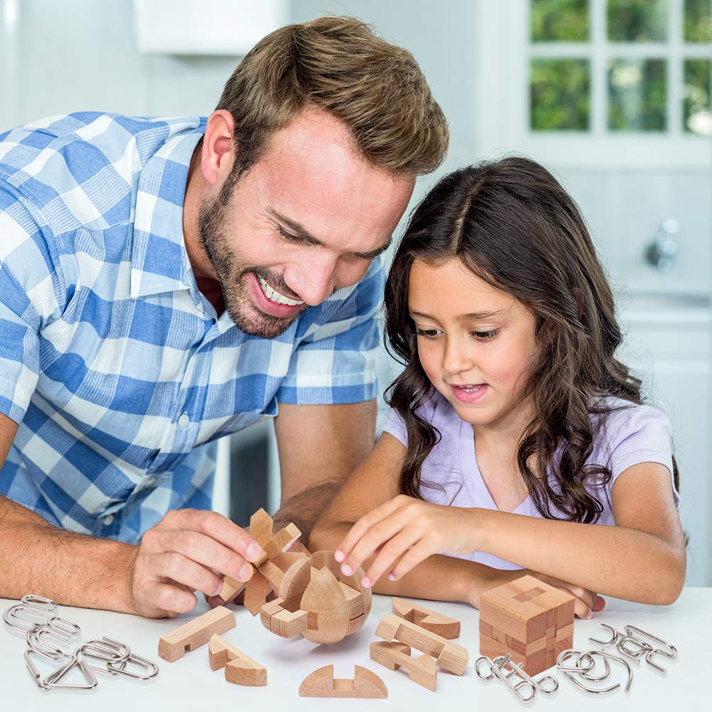 Lesong Brain Teasers Metal And Wooden Puzzles For Kids And Adults 9 Pack, Mind, Iq, And Logic Test And Handheld Disentanglement