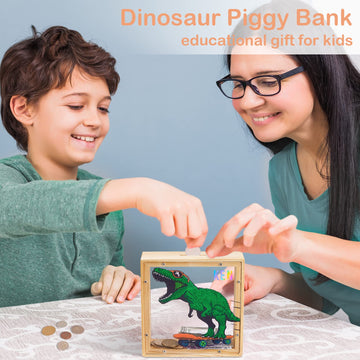 Piggy Bank For Kids, Wooden Money Coin Bank For Boys And Girls, Dinosaur Unicorn Piggy Banks With Diy Stickers For Birthday, Easter Gifts (Green)