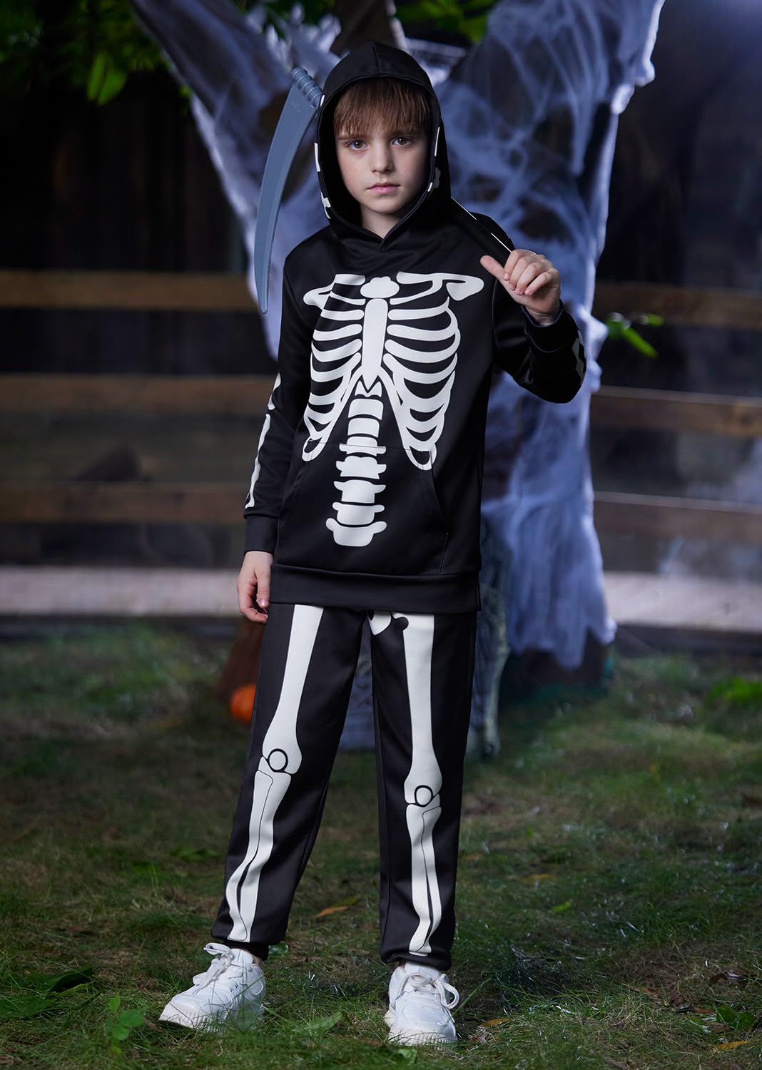 Halloween Kid Girls Bone Skeleton Skull Sweatshirt Hoodie Pant Set For Boys With Kangaroo Pocket 10 Years