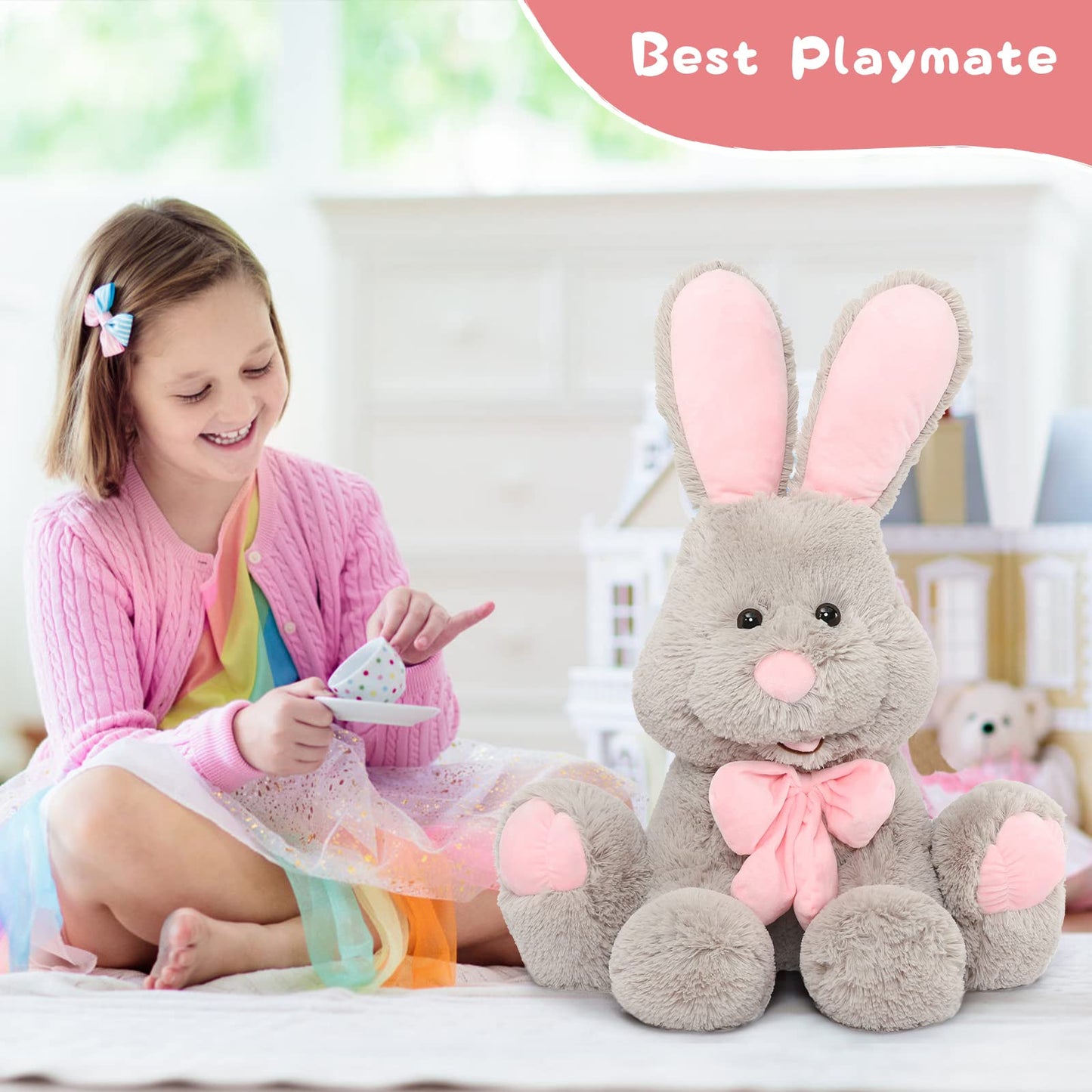 Morismos Giant Bunny Stuffed Animal, 31.5'' Large Grey Rabbit Plush Toy With Pink Ears, Soft Toy For Girls/Boys, Ideal Gift For Easter, Halloween, Christmas, Cuddling, Snuggling
