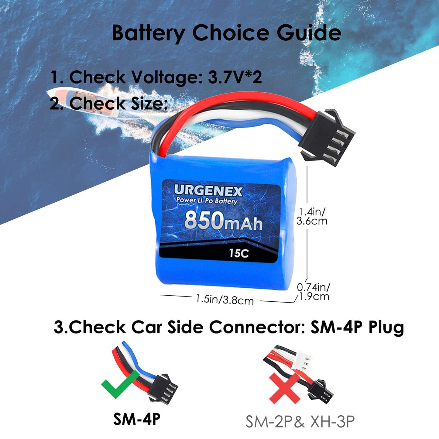 URGENEX Lipo Battery 850mAh 7.4V(2 x 3.7V) RC Boat Battery with SM-4P Plug UDI001 RC Boats Batteries Compatible with RC Boat UDI