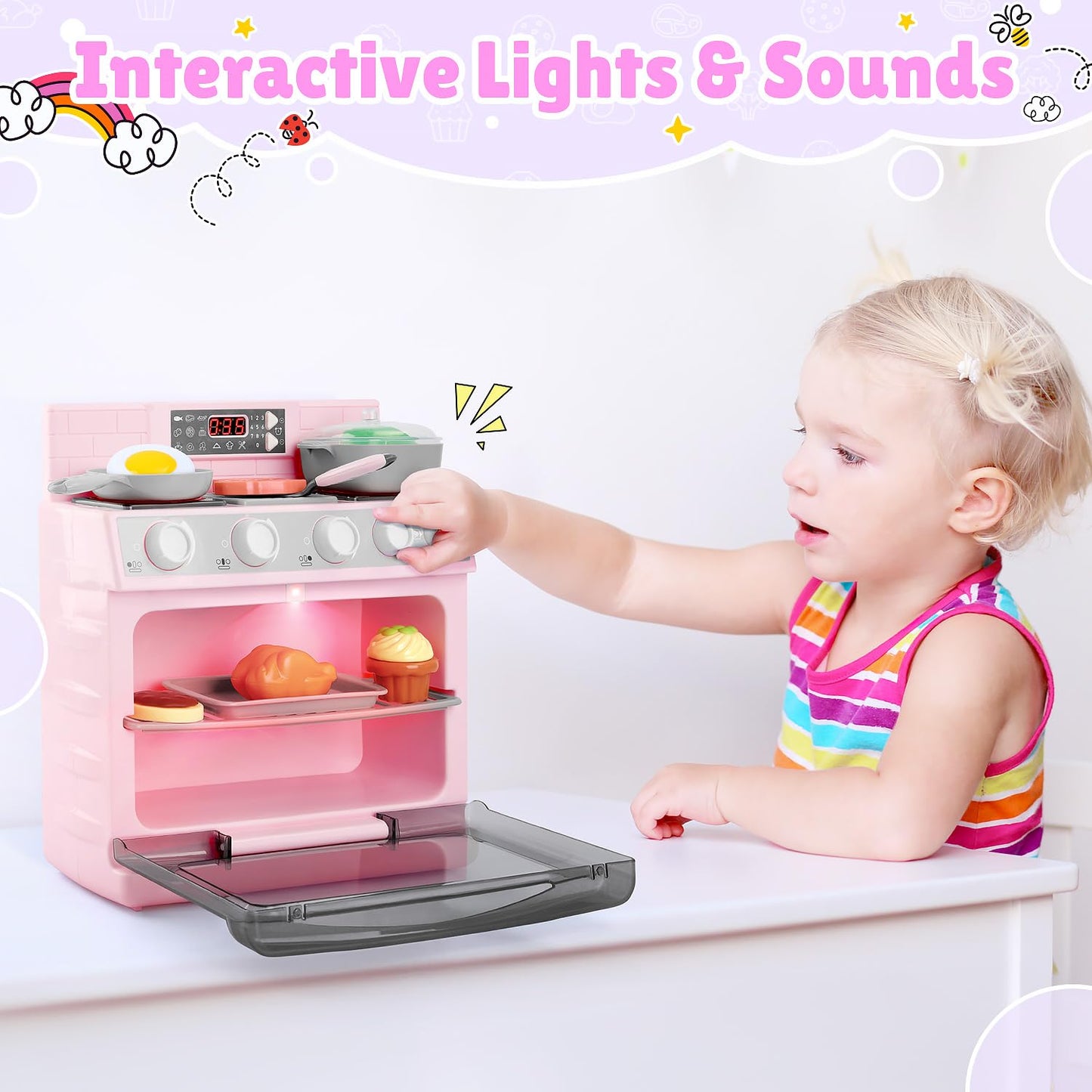 PLAY Toy Oven Kids Kitchen Playset, Kids Play Kitchen Set with 11 Accessories, Realistic Cooking Sounds & Lights, Pretend Play O