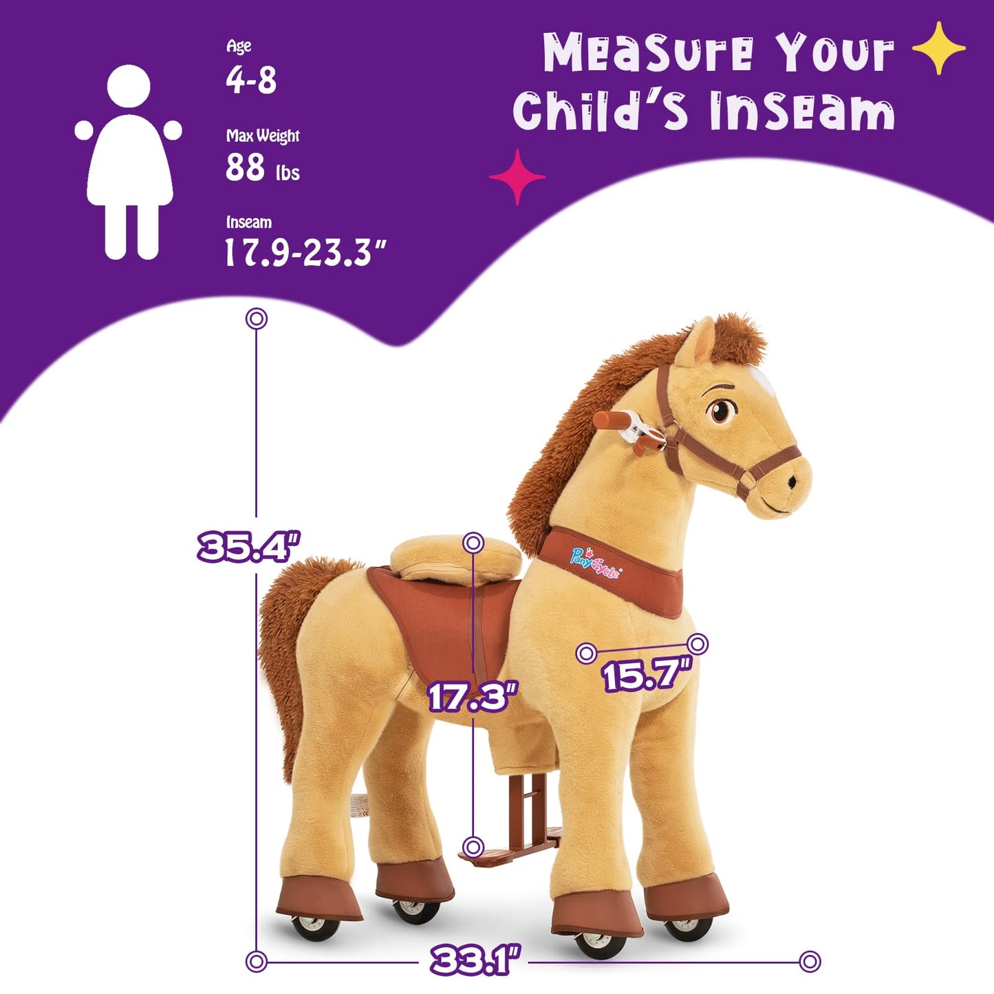 PonyCycle Ride-On Horse Toy E436, Light Brown, Size 4 for Ages 4-8, Soft Plush with Brake