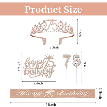 75Th Birthday Decorations Including 75Th Birthday Sash For Women, Crown/Tiara, Birthday Candles And 75Th Birthday Cake Topper, Rose Gold 75Th Birthday Gifts For Women 75 Birthday Party Decorations Favor Supplies