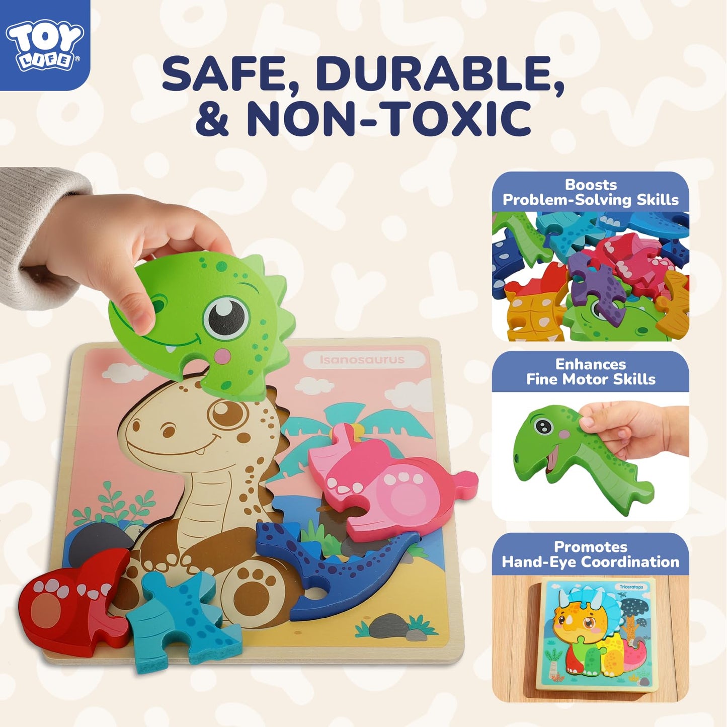 TOY Life Wooden Puzzles for Toddlers 2-4, 12 Pack Dinosaurs Puzzles for Toddler 1-3, Kids Montessori Toys for 1 2 3 Year Old, Ed